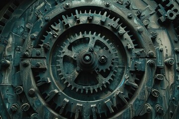 Fototapeta premium Close up view of a complex system of interlocking gears, showcasing the intricate workings of a mechanical device