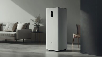 A premium air purifier positioned in a sophisticated home setting with contemporary furniture and decor