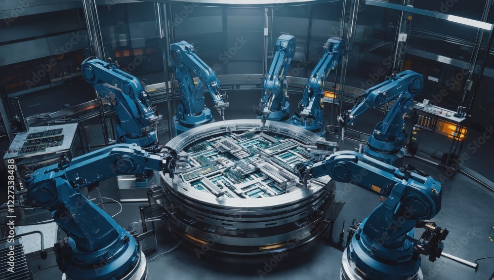 Poster multiple robotic arms working collaboratively assembling a complex circuit board in a highly advance