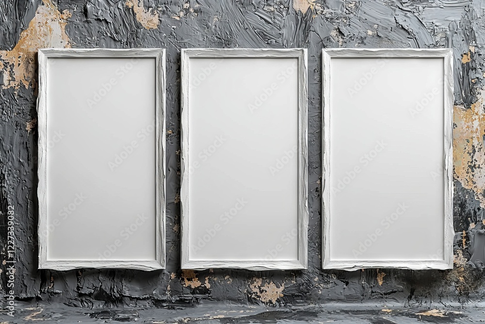 Poster mockups of three empty white vertical rectangles with soft shadows on a light grey concrete wall. fl