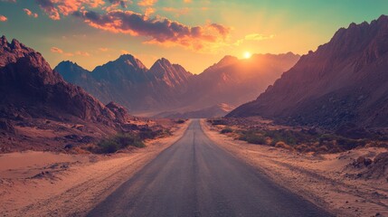 Fototapeta premium Sunrise enhances the beauty of an asphalt highway road, framed against majestic mountain natural scenery in a panoramic view