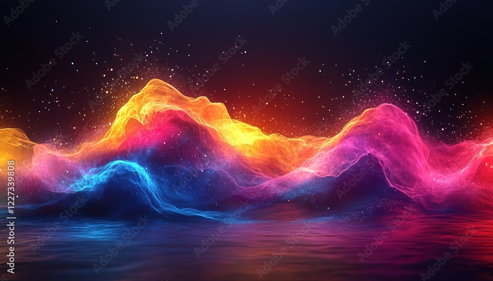 Poster colorful abstract waves reflecting on surface with particles background
