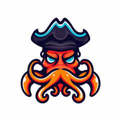 logo Cartoon Pirate Octopus Character with Hat and Angry Expression, Bold and Creative Illustration of a Sea Creature with Pirate Vibe