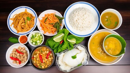 A vibrant array of Thai food selections and mixes, including pad thai, green curry, tom yum soup, and mango sticky rice, Thai, assorted, dishes