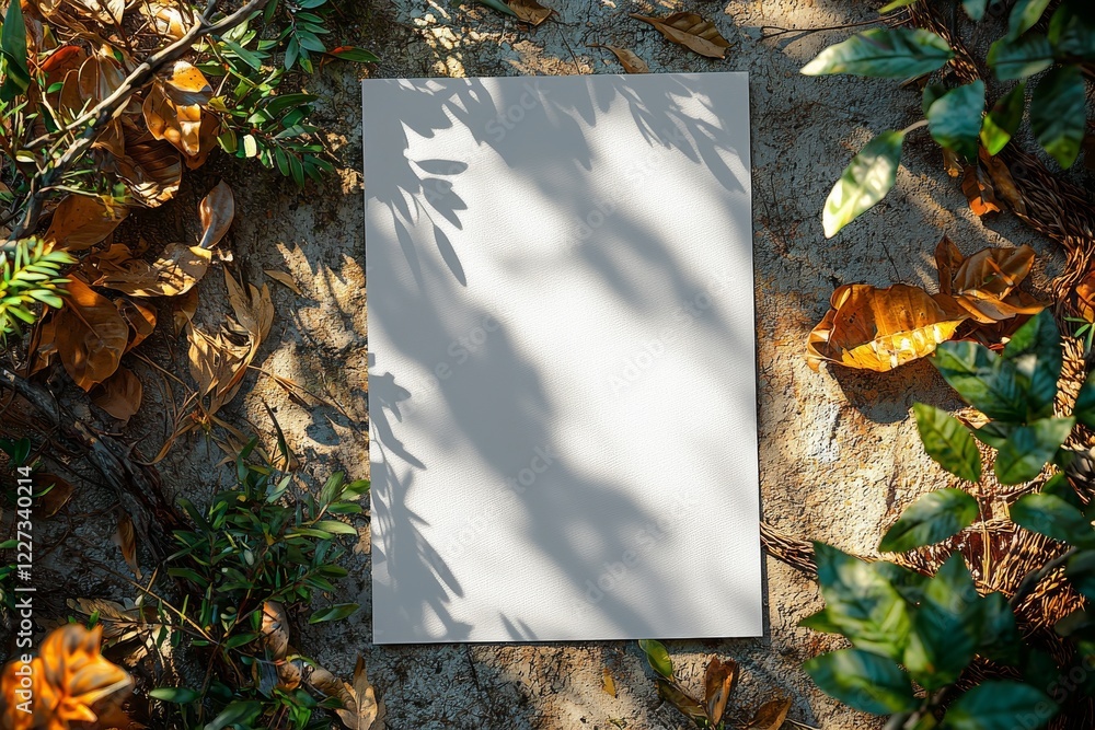 Poster a flat-lay, top-view image of an empty white vertical rectangle poster or business card mockup featu