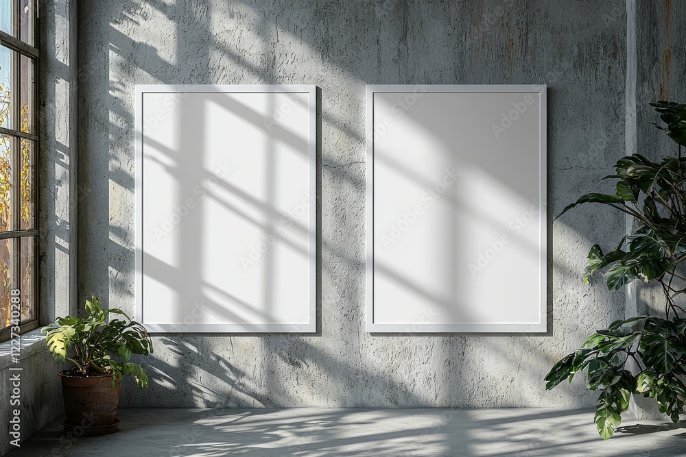 Aufkleber two empty white vertical rectangle posters or business card mockups with a diagonal window shadow on