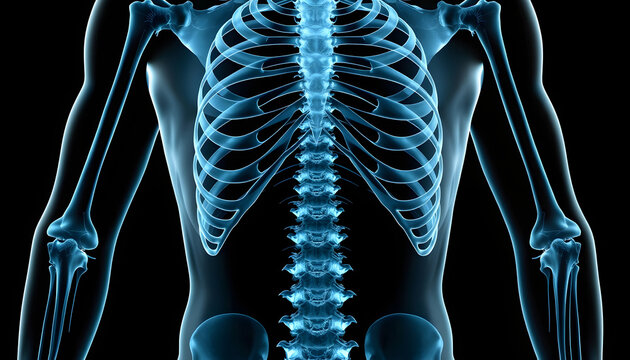 Accurate xray of anterior view of full human skeletal system with adult male body contours 3D rendering illustration. Medical, healthcare, anatomy, osteology, science concept isolated with white hig