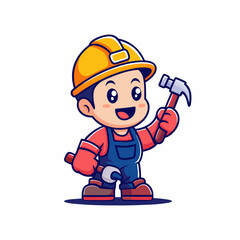 Cartoon Construction Worker Character in Safety Gear with Hammer and Wrench, Colorful and Fun Illustration for Kids