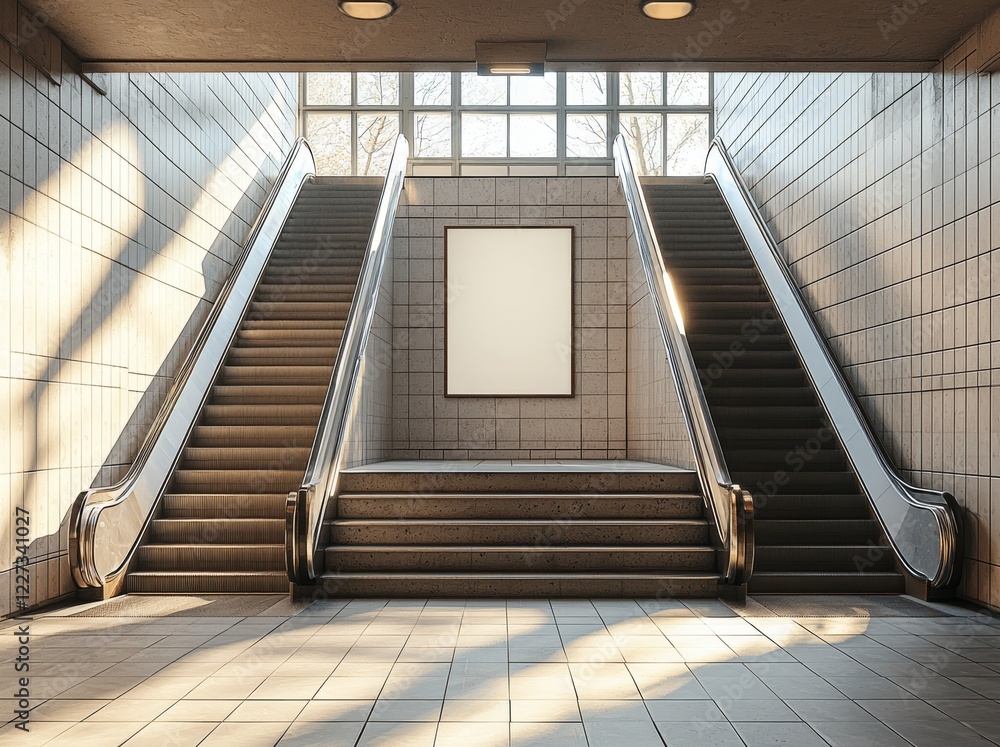 Poster side view of an escalator on a wall background featuring three empty light boxes