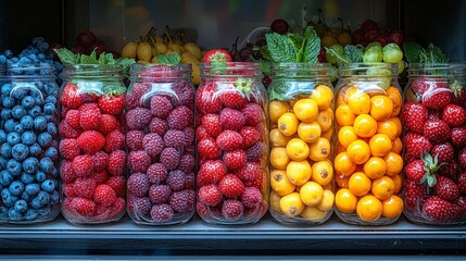 Colorful fruit jars market display, healthy food