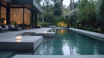 Fototapeta premium Modern home poolside twilight view