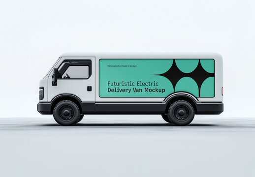 Electric Delivery Van Mockup &ndash; Side View of Branding Template for Eco-Friendly Transportation and Vehicle Advertising