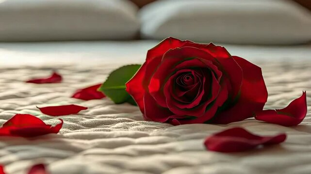 Red rose petals on a bed. Selective focus. Nature.