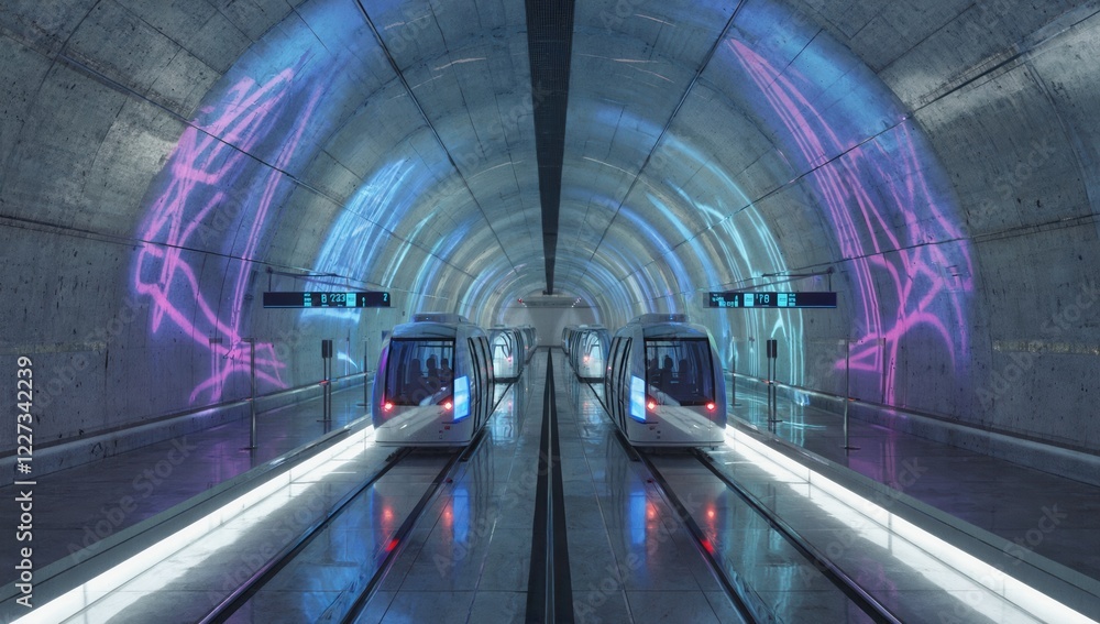 Poster two futuristic subway trains stand at a platform in a tunnel illuminated by vibrant neon lights proj