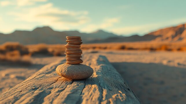 Coins delicately stacked on a rock in a desert setting, embodying affluence and constancy amid barren landscapes