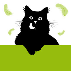 Witzige Katze mit ausgestreckten Zunge. Katzensilhouette verspielt mit Jagtrieb und Federn