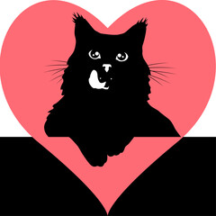 Katze mit ausgestreckten Zunge. Katzensilhouette verspielt mit Herz. Katzenliebe