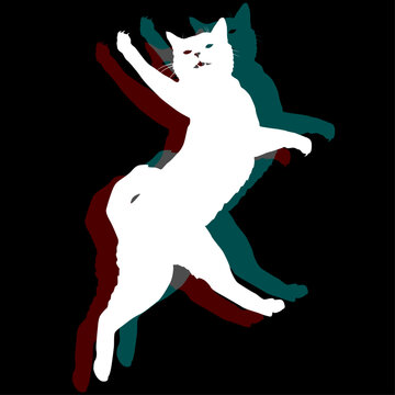 Wei&szlig;e Katzensilhouette mit rgb glitch Effekt, Farbst&ouml;rung. Katze  im Sprung, spielend. Freistellbare Grafik