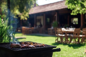 Backyard BBQ grill with meat, sunny garden restaurant background