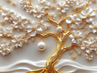 Golden Pearl Tree: An ornate, 3D-rendered tree with gold branches and pearl-like blossoms, creating a luxurious and elegant design.  The pearl pendant adds a touch of opulence. 