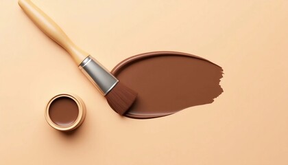 Brush with brown paint and an open container resting on a smooth surface showcasing color mixing...