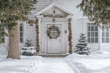 Snow-covered house with Christmas wreath and lights adorning its entrance. Perfect for winter holiday, Christmas, and home decor themes.