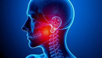 A blue and glowing x ray of the human head with neck pain , with white tonespng
