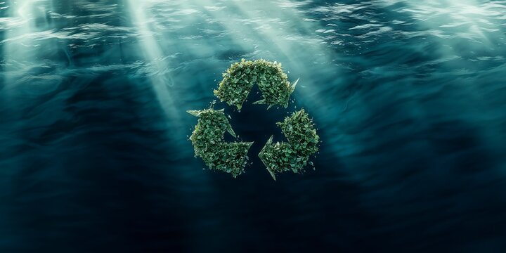 Recycling symbol submerged in ocean depths promoting ecological sustainability