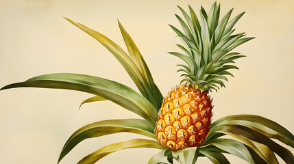 Fototapeta premium Vibrant depiction of a ripe pineapple fruit growing amidst lush foliage
