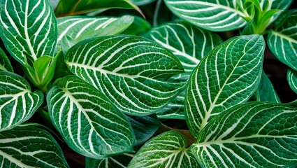 Fototapeta premium Fittonia Plant, Nerve Plant, Fittonia Close-Up with Unique White Veins, Decorative Plant Fittonia with Veins, Exotic Plant Striking Vein Pattern