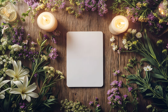 Elegant floral arrangement with candles and a blank tarot card for mockup on a rustic wooden table for celebration events or special occasions