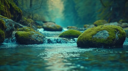 A close-up image of water flowing gracefully over rocks enveloped in moss, illustrating a peaceful and natural scene