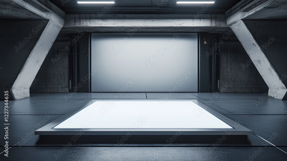 Poster a blank digital screen with high-tech, futuristic controls visible around it, set in a minimalistic 