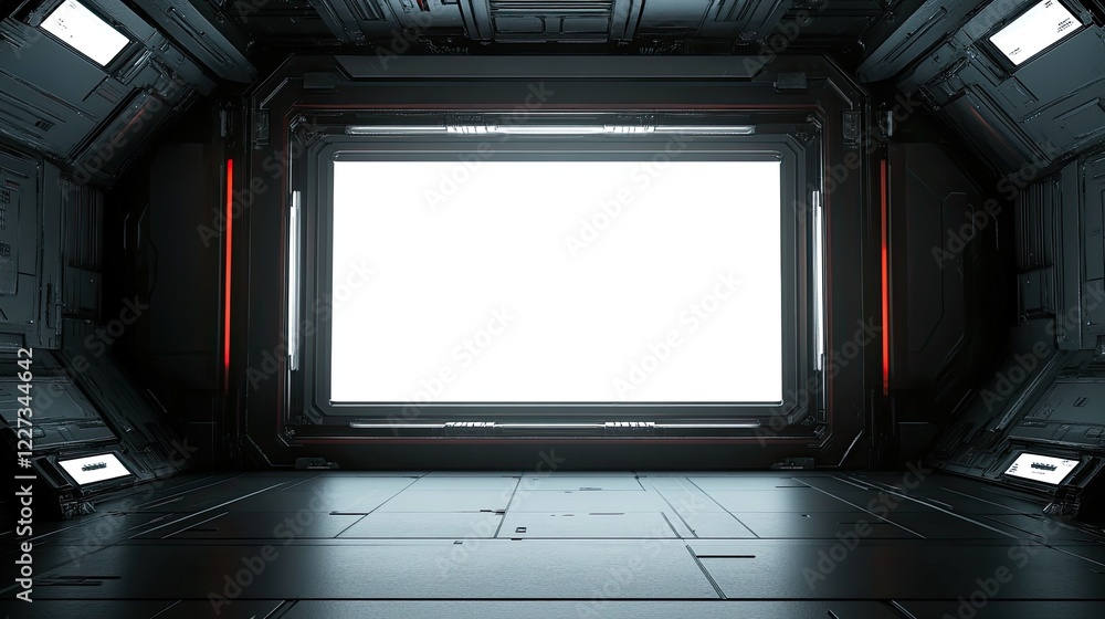 Poster a blank digital screen with high-tech, futuristic controls visible around it, set in a minimalistic 