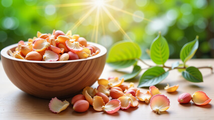 Fragrant flower petals in wooden bowl, serene garden setting