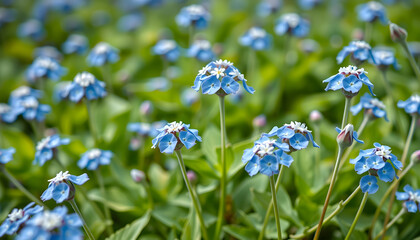 Forget me not flowers in the garden, blue flower bed, first spring flowers, blue nature background , with white tonespng