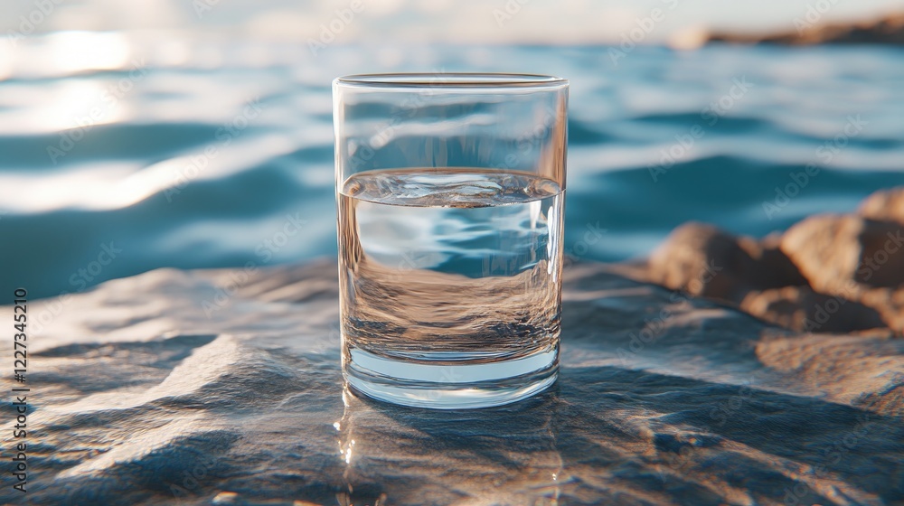 Poster a clean, crystal-clear glass of water resting on a smooth surface with sunlight creating a shimmerin