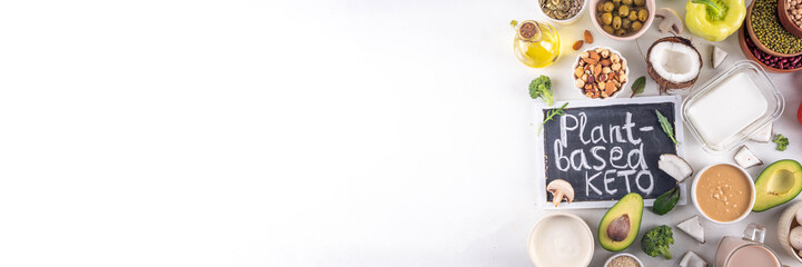 Plant based keto food background with low carb vegan keto diet ingredients, healthy vegetarian fat...