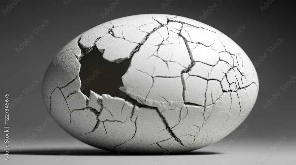 Poster a shattered white egg featuring elegant patterns and shards on a smooth backdrop, embodying new begi