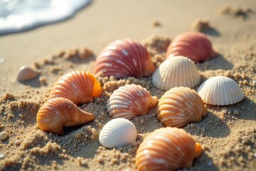 Seashell collection arranged on sandy beach, sunlit , sun, travel