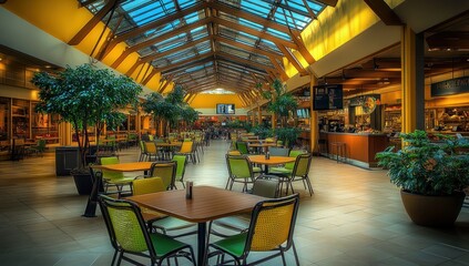 Fototapeta premium Serene Indoor Food Court with Skylights and Lush Greenery
