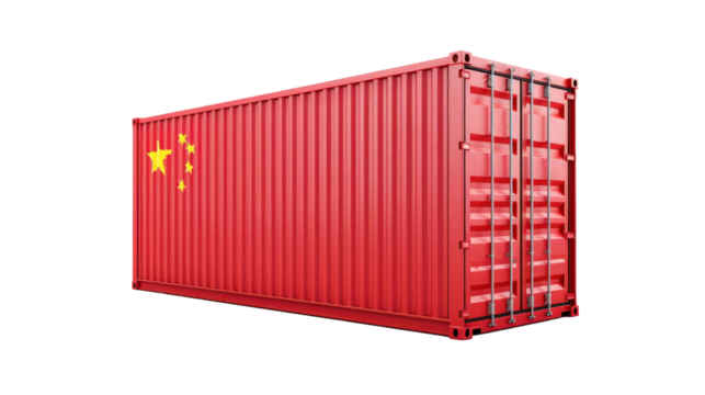 Red shipping container with China flag, symbolizing trade