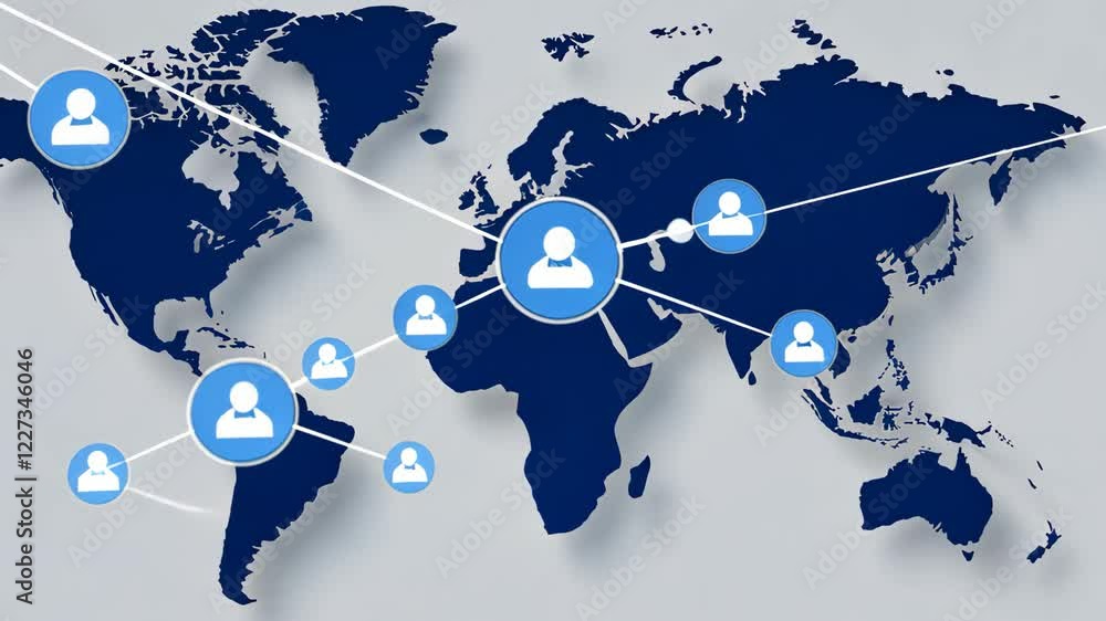 Poster exploring how technology connects people worldwide as various regions are highlighted on a digital m