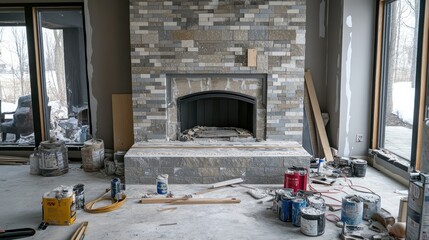 A fireplace under construction, surrounded by tiles, grout, and adhesive tools.