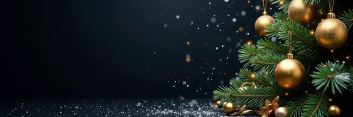 Snowflakes gently fall on a black background with gold ornaments and a large Christmas tree, tree, gold, decoration