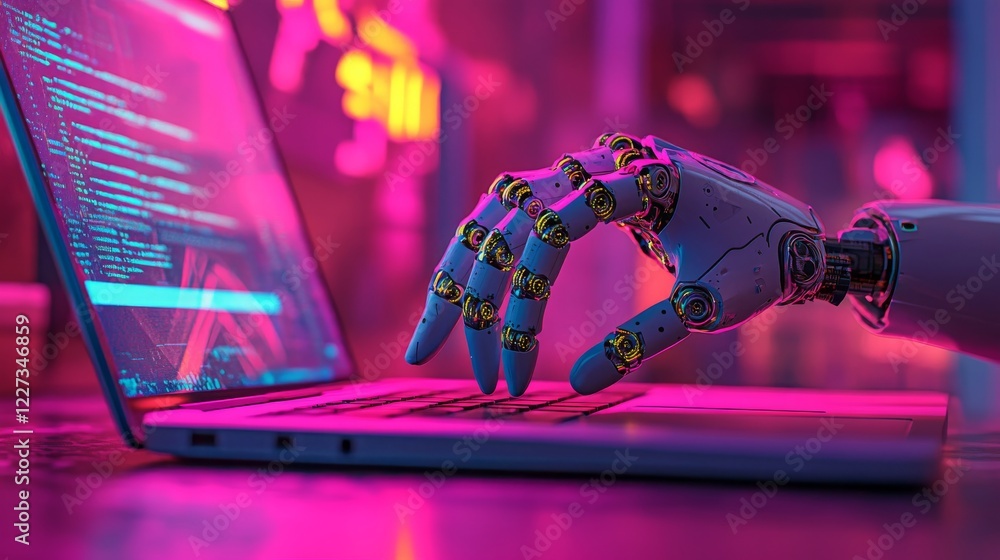 Poster someone is searching for tech, smart ai, or stock information on a laptop using a stock chatbot