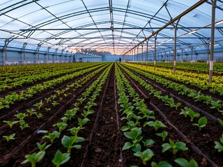 Modern greenhouse with solar panels & vibrant green seedlings illuminated at dusk, sustainable agriculture practice, greenhouse, seedlings, sustainable agriculture