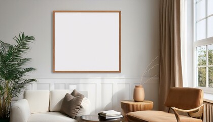 Frame mockup, ISO A paper size. Living room wall poster mockup. Interior mockup with house background. Modern interior design. 3D render

