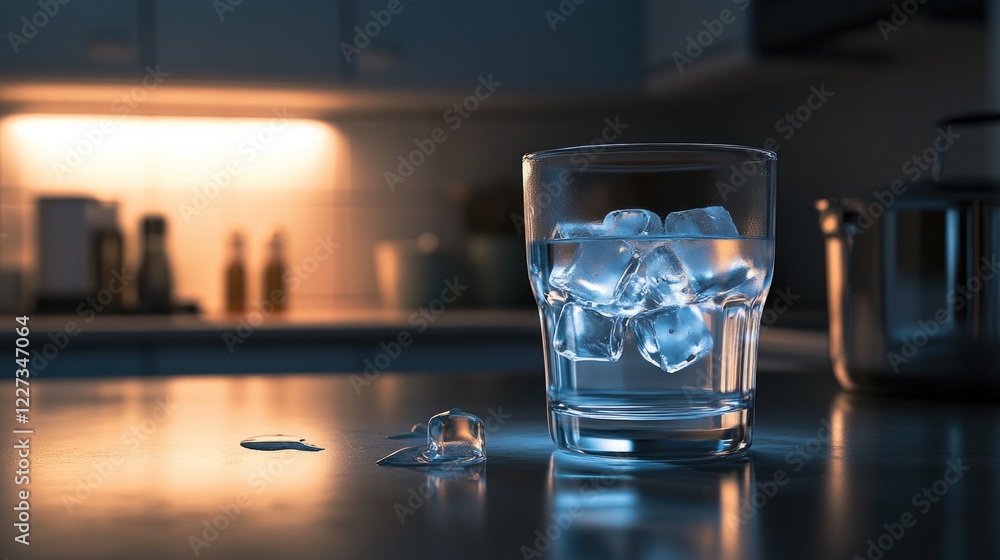 Poster a glass of water with ice cubes on a sleek kitchen counter, illuminated by soft light, creating a mo