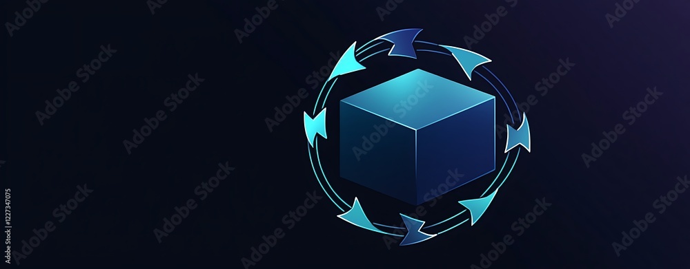Poster abstract representation of delivery logistics and supply chain management with arrows and cube, cons